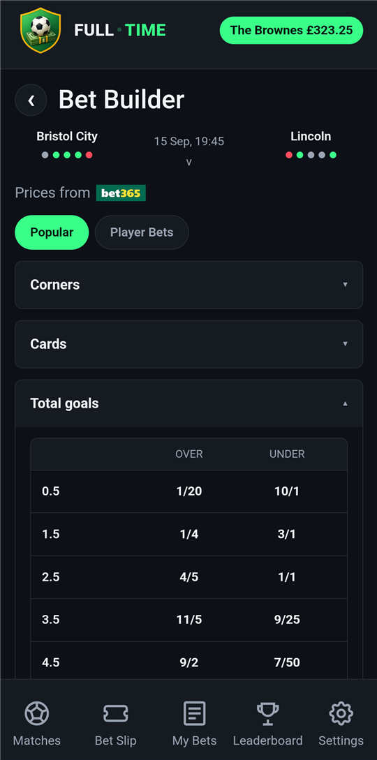 Bet Builder screen showing corners, cards, total goals and other markets for a match