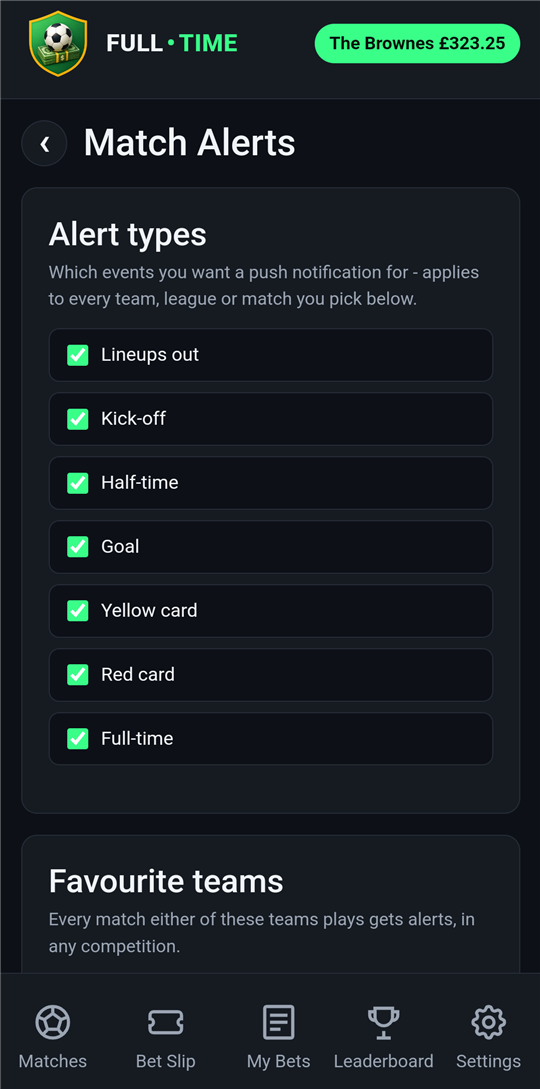 Match Alerts settings screen with toggles for lineups, kick-off, half-time, goals, cards and full-time