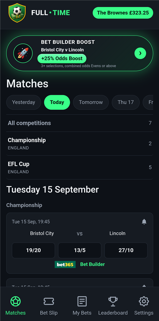 Matches screen listing today's fixtures with live odds and the daily Bet Builder Boost